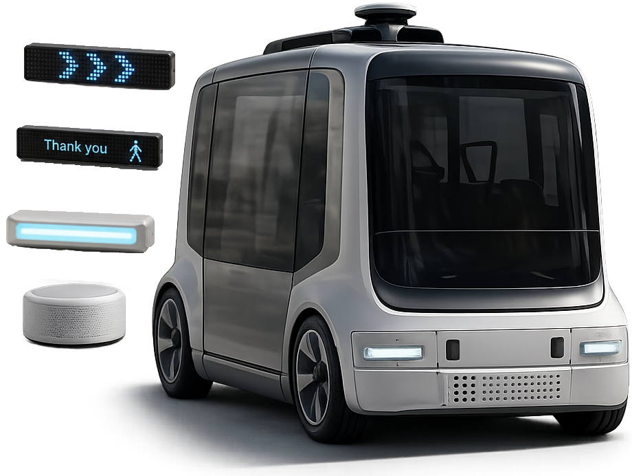 An autonomous shuttle with its external human-machine interface modules called out: LED matrix displays, a light band and a speaker